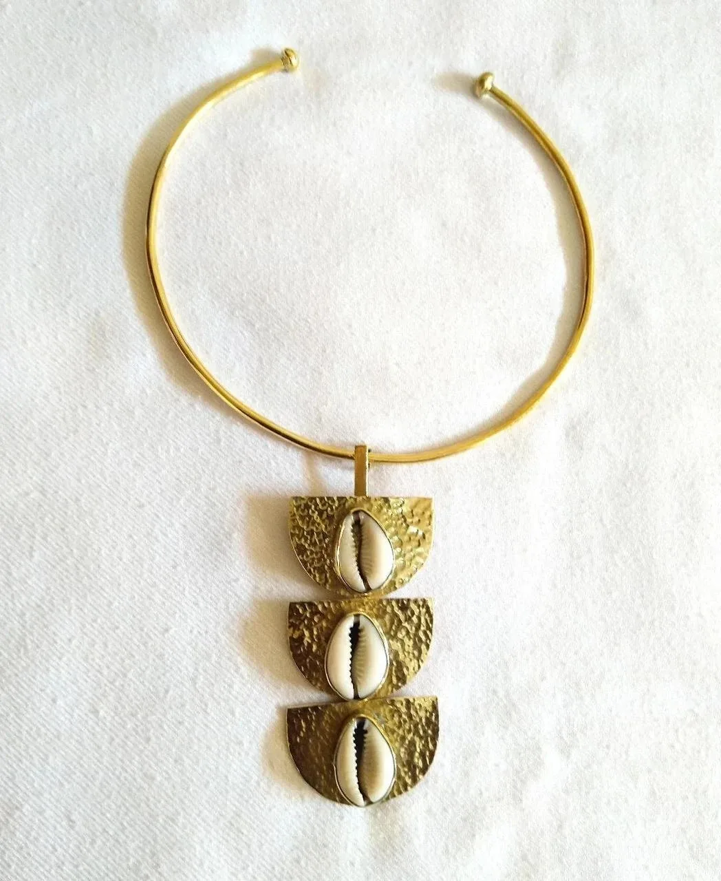 Cowrie Shell Brass Choker — Hammered Gold Collar