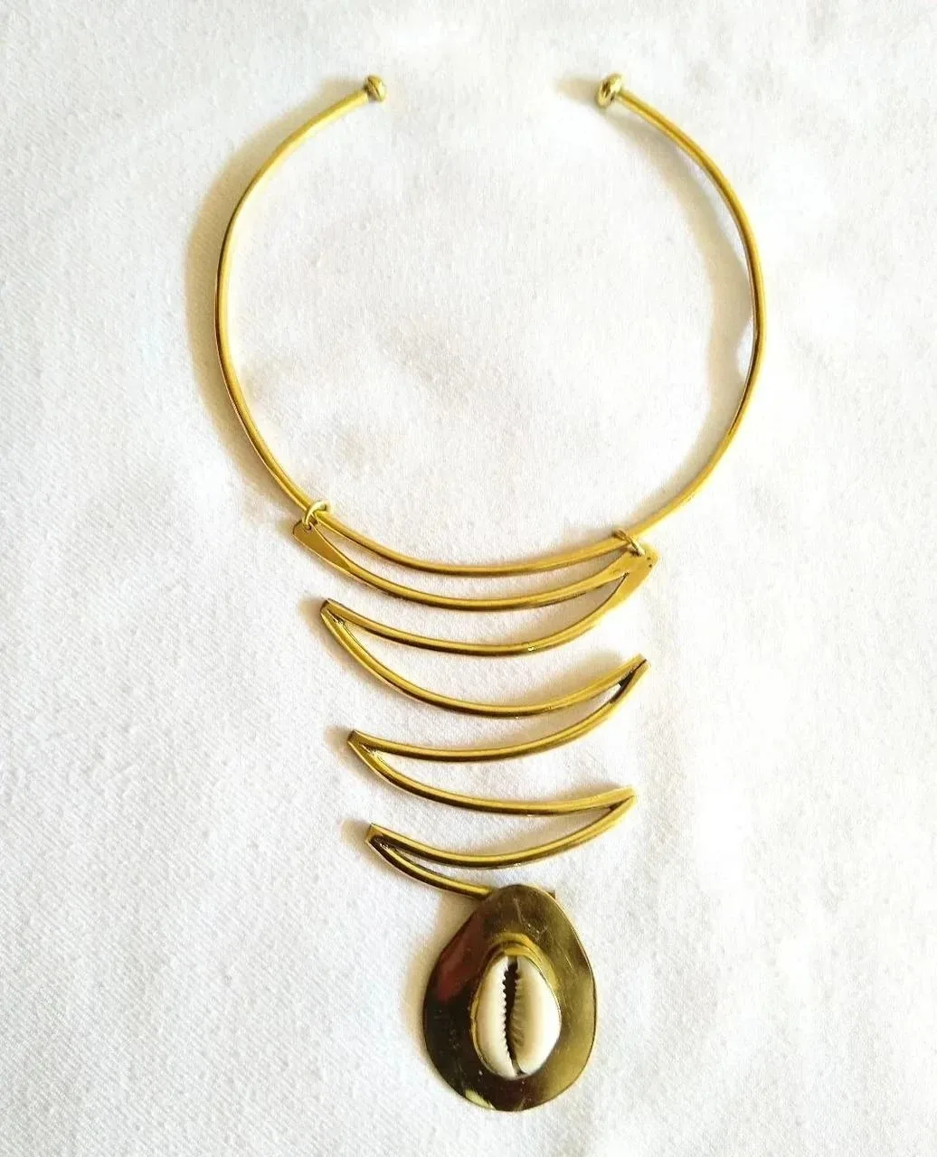 Cowrie Shell Statement Necklace — Brass Cascading Collar