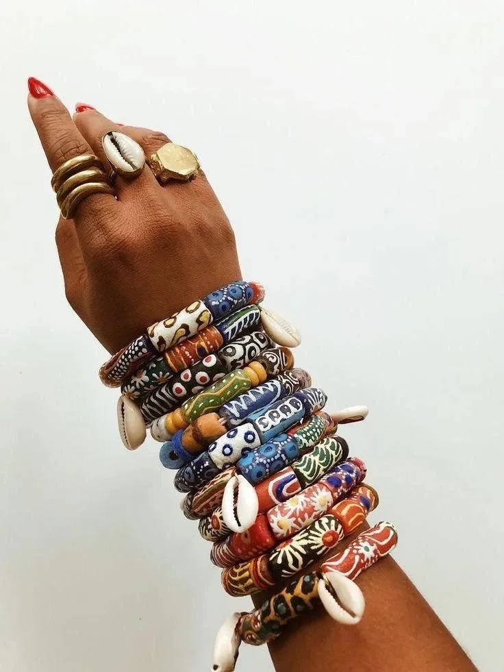 Krobo Glass Bead Bracelet — Handpainted with Cowrie